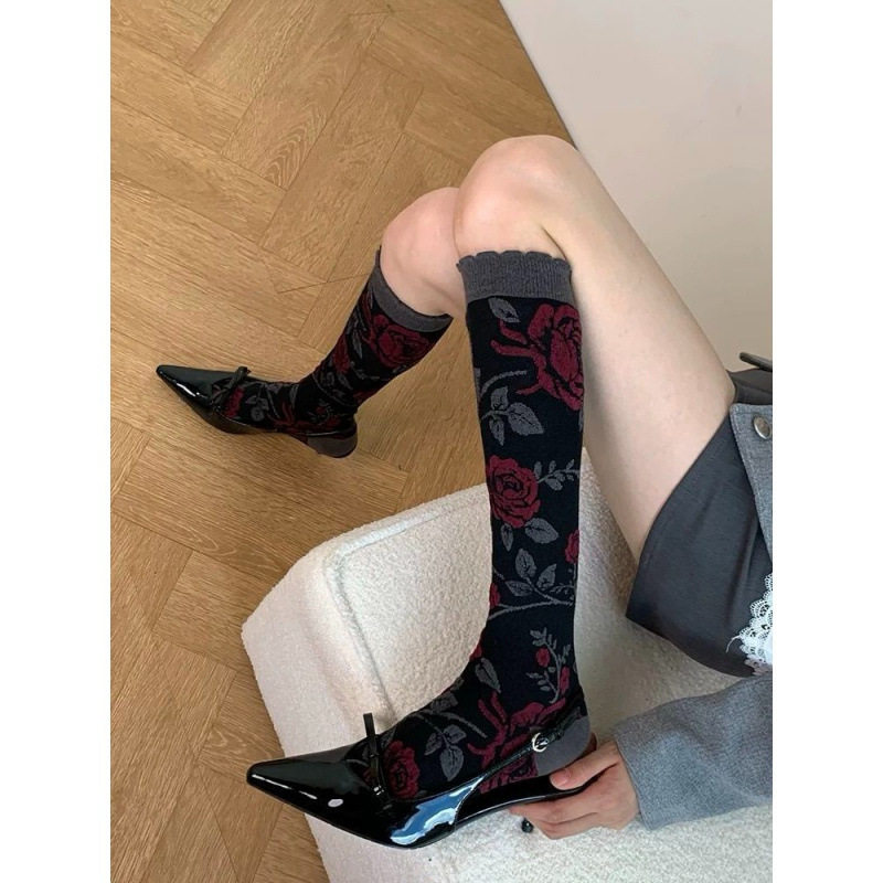 法式复古气质高智巴恩风穿搭及膝袜设计感玫瑰花咖色早秋女小腿L
