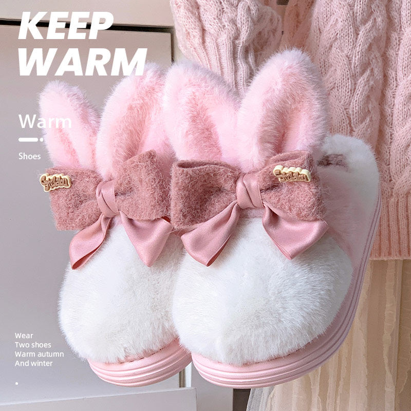 2025新款仙女粉色可爱兔耳棉拖鞋女冬季2025新款厚底保暖毛毛鞋