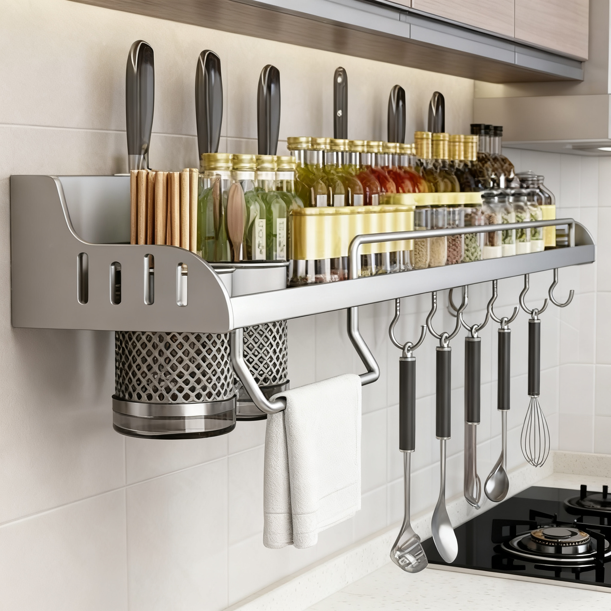 新型厨房置物架壁挂式不锈钢调料架多功能收纳架免打孔墙上挂架