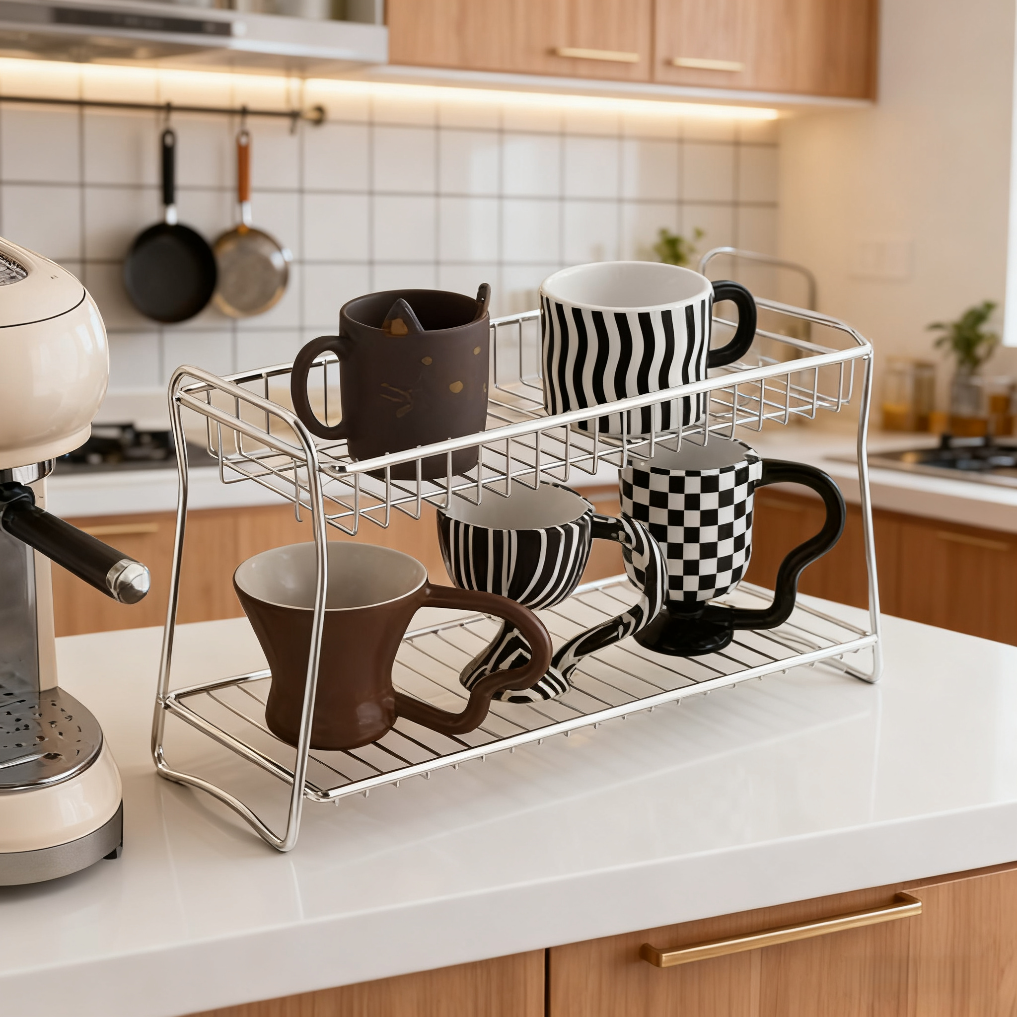 不锈钢厨房置物架2025新款双层抽拉式杯子收纳架台面水槽储物架