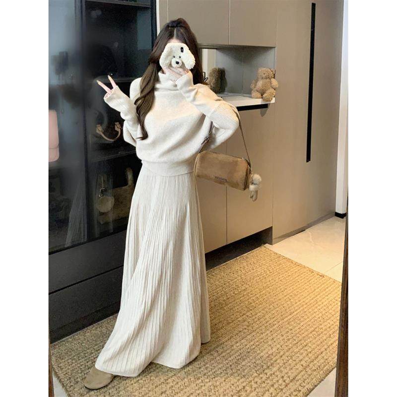 松驰感半高领长袖针织毛衣压褶半身长裙女2025秋冬新款时尚两件套,女装/女士精品,时尚套装,淘宝优惠券,粉丝福利购,淘宝优惠卷