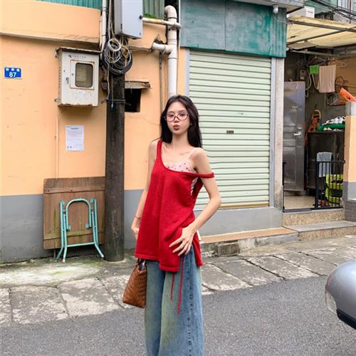 kumikumi辣妹红色叠穿针织吊带背心女夏季宽松露肩开叉无袖上衣潮