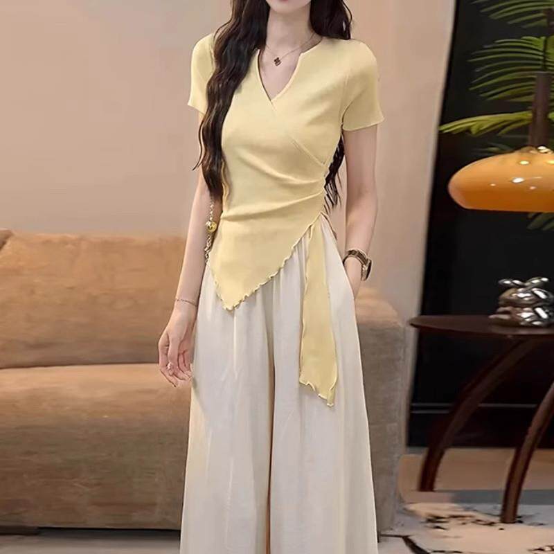大码不规则飘带短袖T恤女2026夏季胖mm显瘦V领设计感小众轻熟上衣