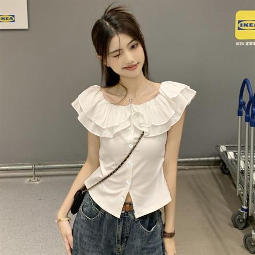 娃娃领甜美法式飞飞袖荷叶边衬衫女夏新款设计感小众显瘦短款上衣