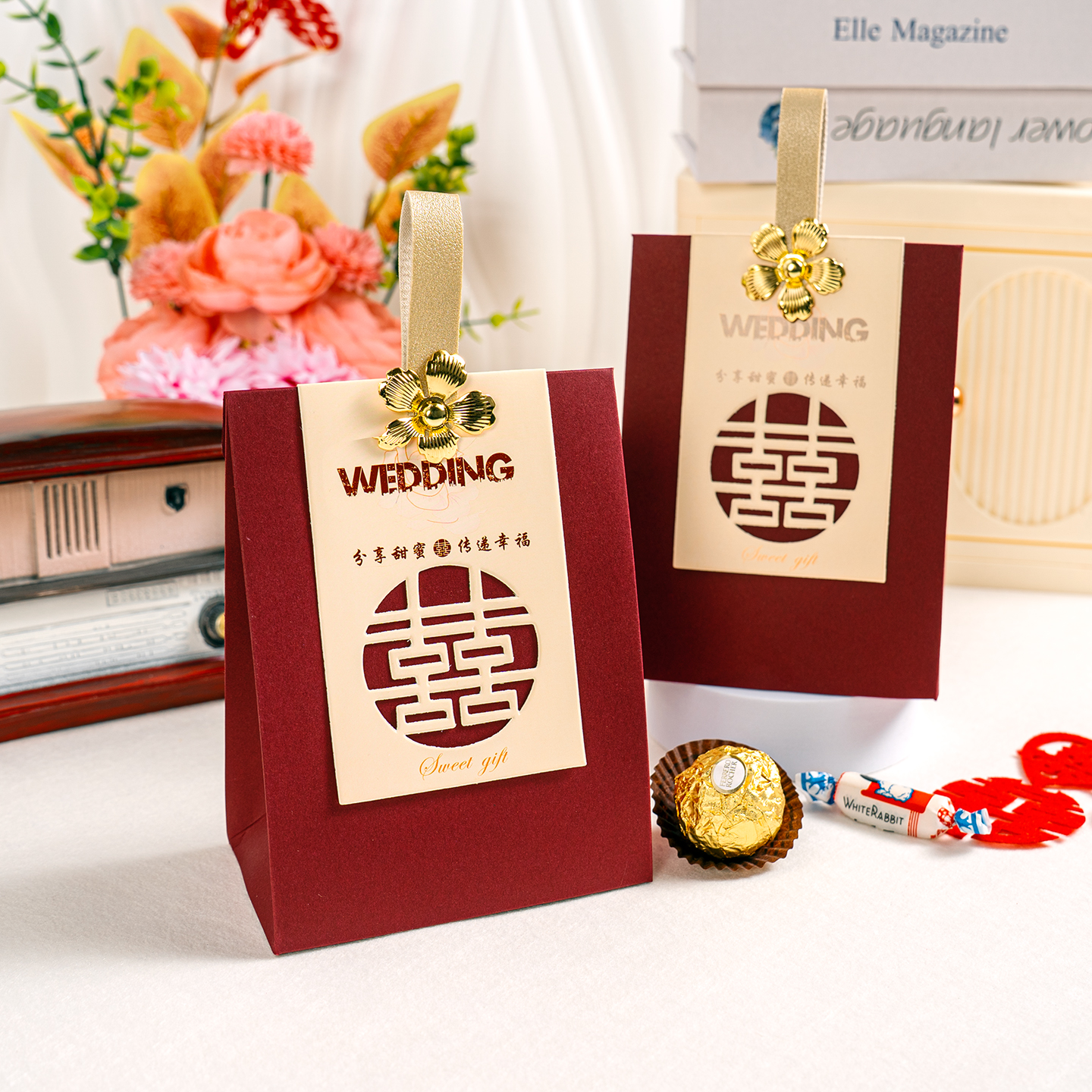 夏目良人 镂空双喜金花扣伴手礼品喜糖袋结婚手提袋伴手礼糖果袋