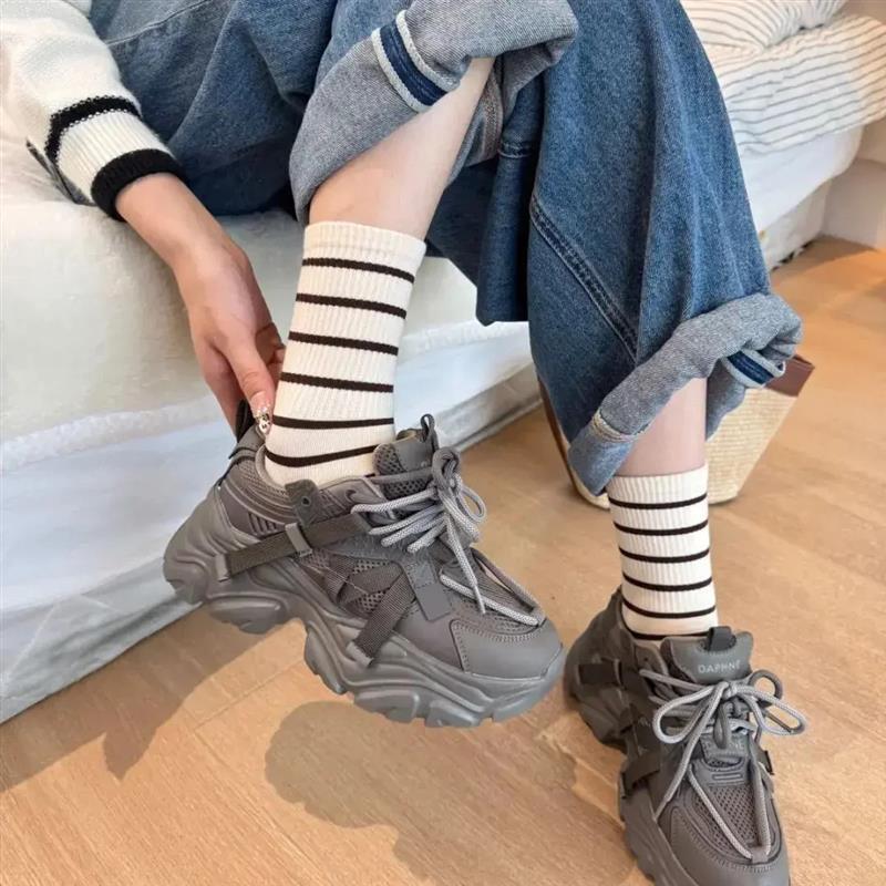 10双装条纹中筒袜早秋新品ins潮袜韩系运动百搭风网红袜子学生-M