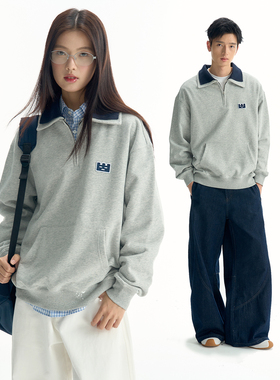 TGWALL「时遇」双层翻领复古POLO领拉链撞色刺绣宽松套头情侣卫衣