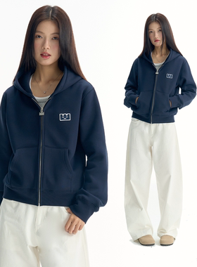 TGWALL「自由诗」刺绣修身短款加绒休闲简约开衫连帽卫衣外套女