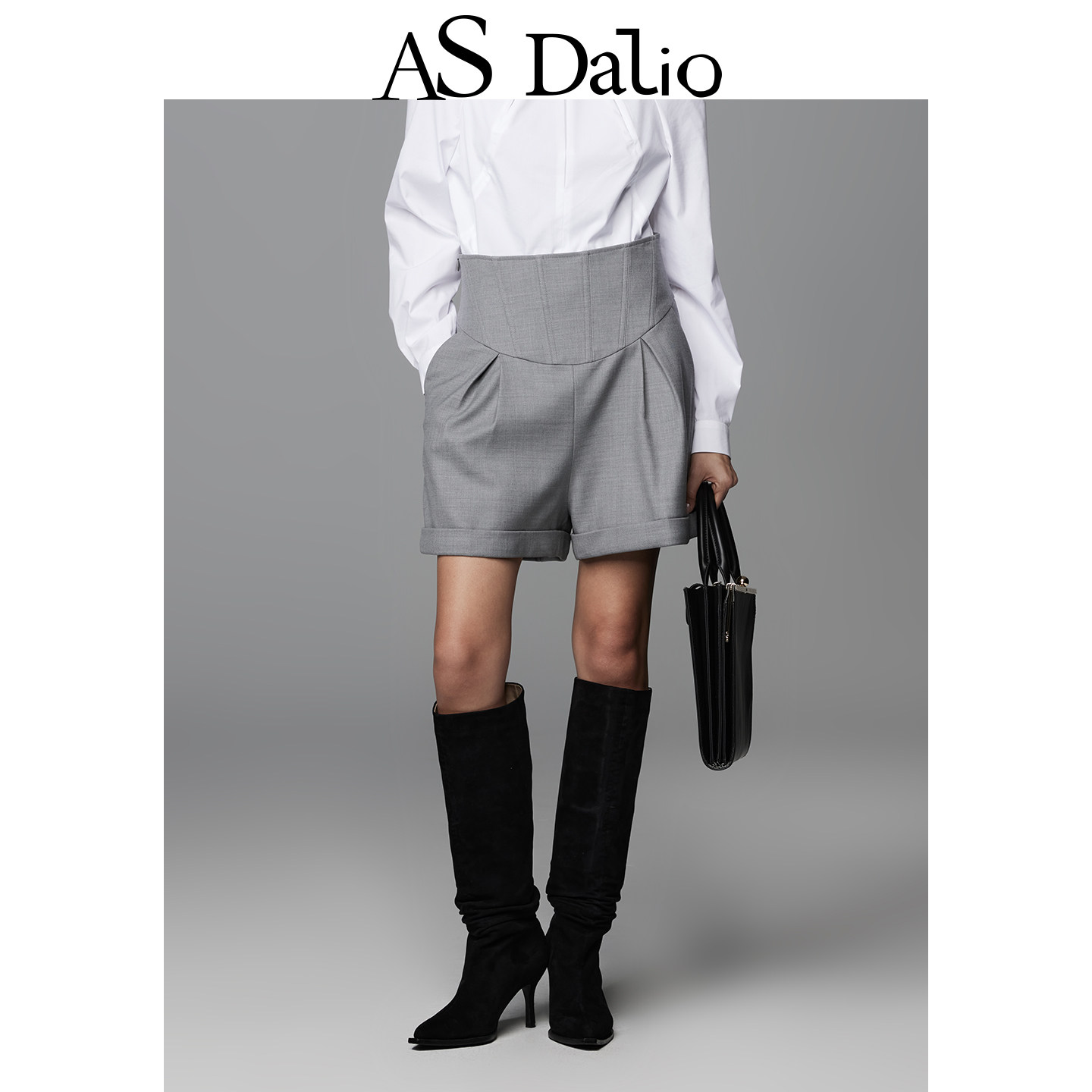 AS DALIO灰色羊毛高腰鱼骨短裤休闲宽松褶皱卷边显瘦百搭西装短裤