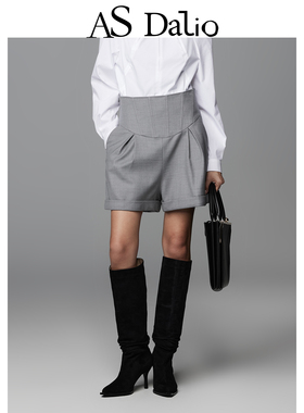 AS DALIO灰色羊毛高腰鱼骨短裤休闲宽松褶皱卷边显瘦百搭西装短裤