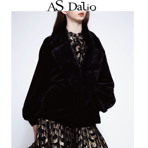 ASDALIO黑色低开领毛领外套