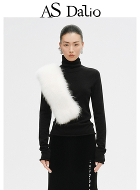 【薛凯琪同款】ASDALIO设计师款斜肩羊毛皮草黑色高领山羊绒毛衫