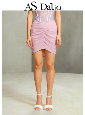 AS DALIO紫色真丝褶皱半裙立体剪裁捏褶包臀修身层次感短裙半身裙