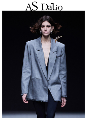 AS DALIO灰色西装手工流苏边宽松高级感气质时尚精纺羊毛西服外套