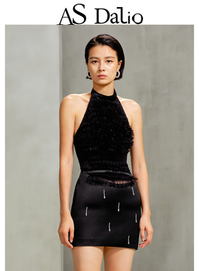 【郁葱同款】AS DALIO黑色网纱花边无袖上衣挂脖露背灵动背心上衣