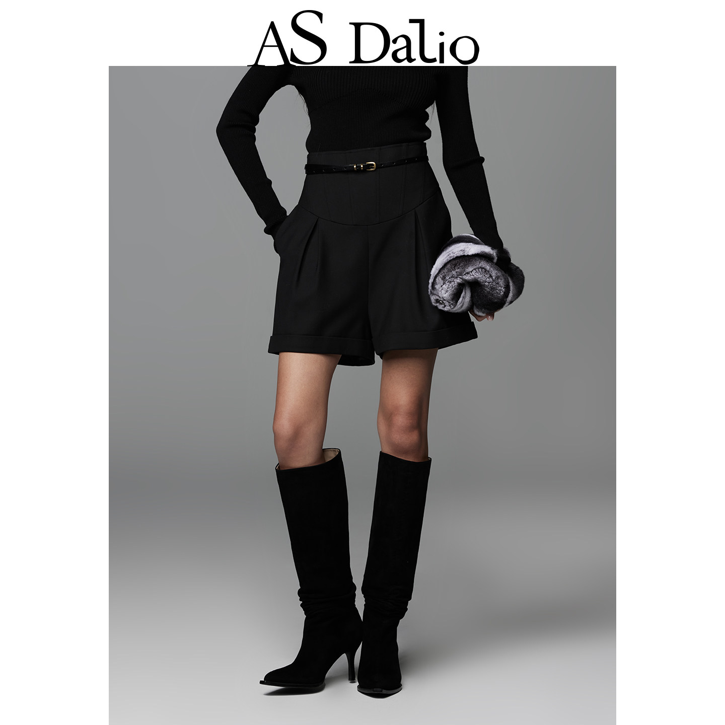 AS DALIO黑色羊毛高腰鱼骨短裤休闲宽松褶皱卷边显瘦百搭西装短裤