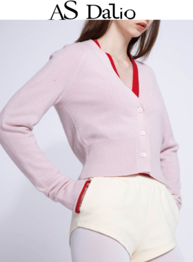 AS DALIO粉色开衫堆堆袖时尚短款针织上衣精致少女感山羊绒温柔