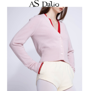 AS DALIO粉色开衫堆堆袖时尚短款针织上衣精致少女感山羊绒温柔