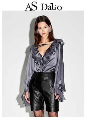 AS DALIO设计师款真丝多重荷叶边花边大V领上衣原创性感女士衬衫