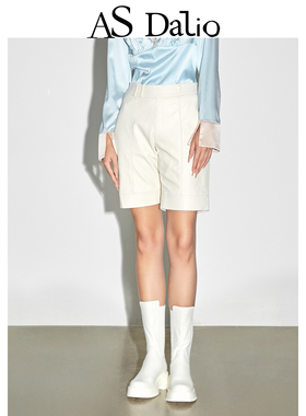 AS DALIO设计师款真丝原创内里印花皮裤小羊皮米白色女士真皮短裤