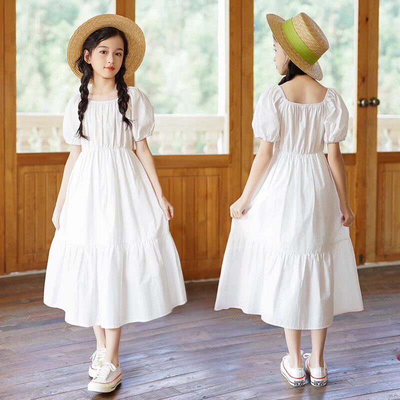 女童白色连衣裙2026夏季新款中大童韩版简约扎染裙子女孩洋气长裙