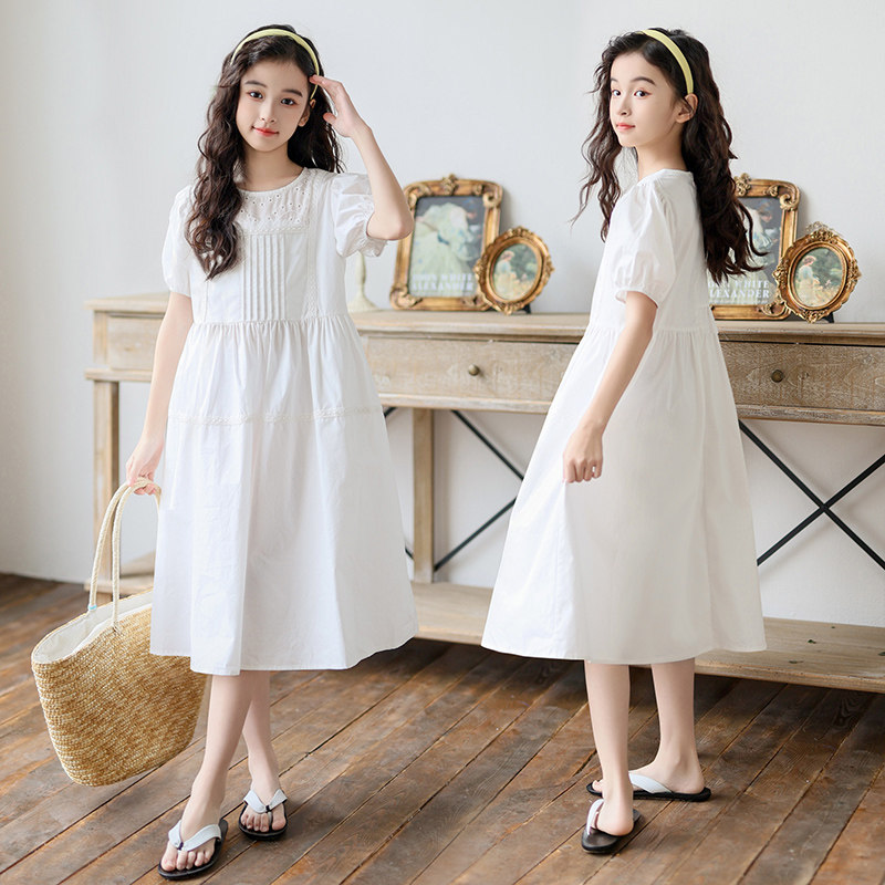 女童白色连衣裙2025新款中大童夏季简约韩版长裙女孩漂亮洋气裙子
