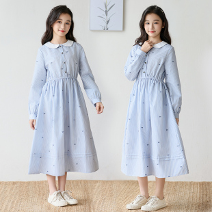 女童简约秋季连衣裙2025新款中大童韩版收腰娃娃领裙子女孩时尚裙