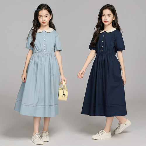 女童夏季娃娃领连衣裙2025新款中大童韩版简约裙子女孩学院风长裙