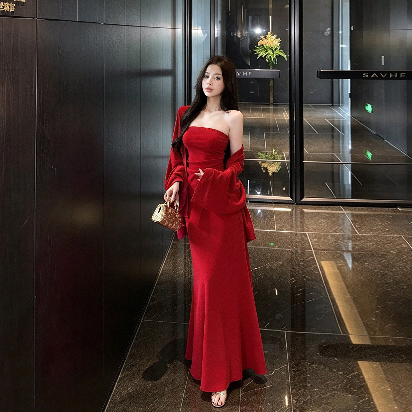 小可wiwi性感抹胸红色连衣裙女三件套修身收腰鱼尾裙开衫套装宴会