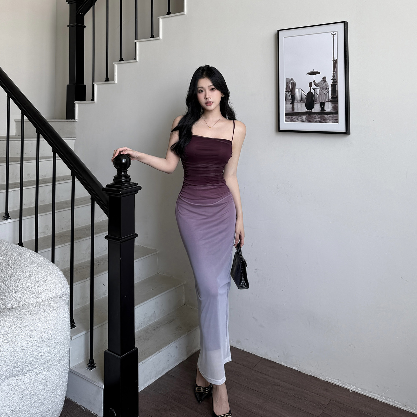 纯欲风渐变网纱包臀吊带连衣裙