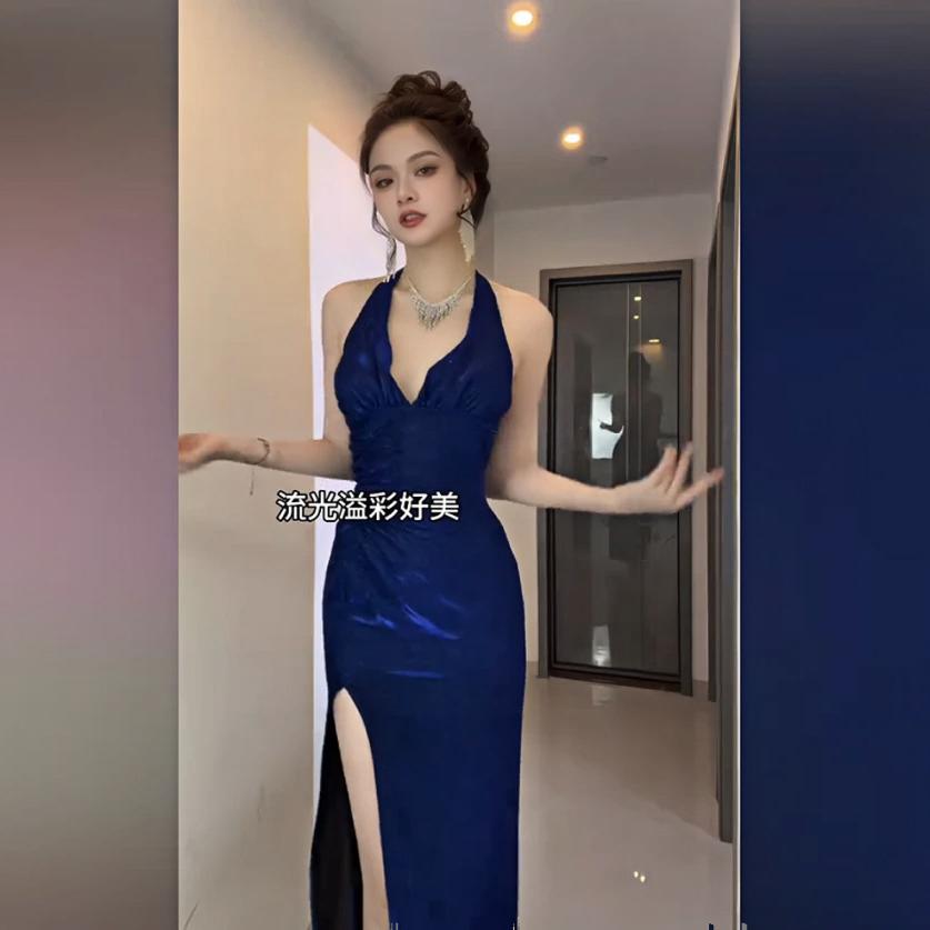 纯欲性感辣妹细闪挂脖晚礼服裙