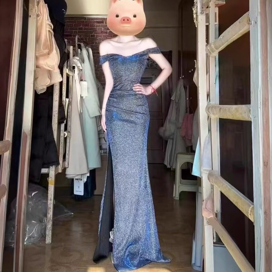小可wiwi一字肩闪闪连衣裙走秀生日宴会毕业成人礼礼服性感长裙子