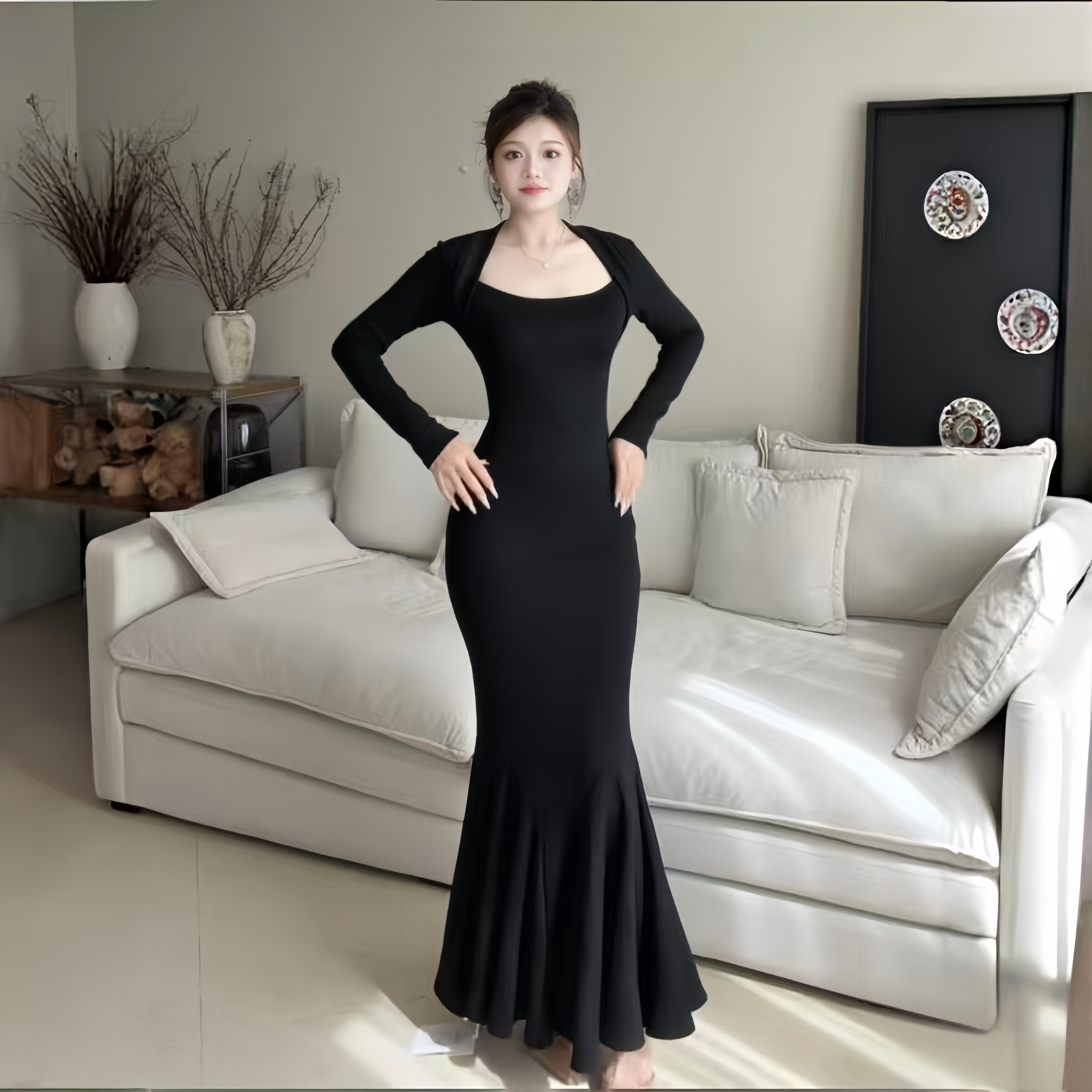 小可wiwi黑色鱼尾连衣裙女方领修身包臀长裙宴会晚礼服显瘦气质款,女装/女士精品,连衣裙,淘宝优惠券,粉丝福利购,淘宝优惠卷