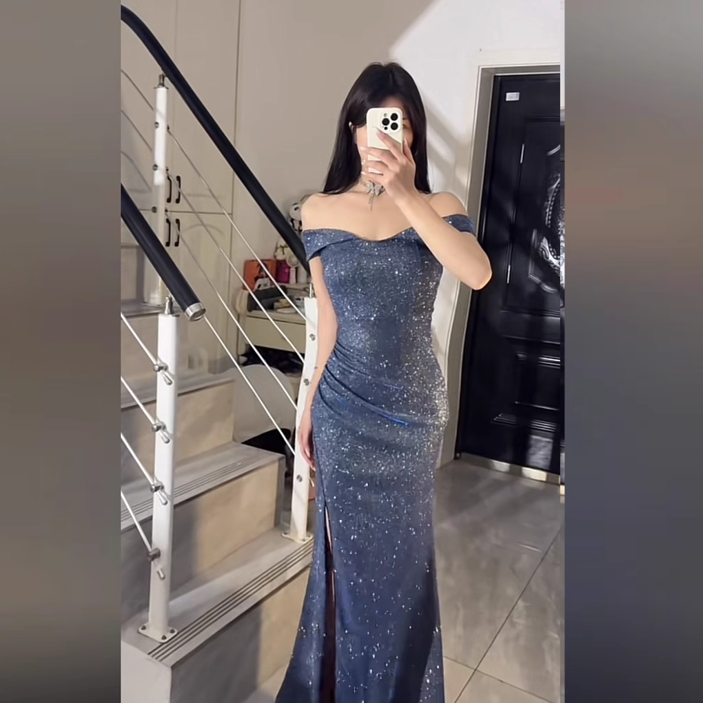 小可wiwi法式复古一字肩晚礼服