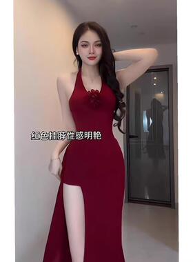 小可wiwi挂脖红色连衣裙裙女夏季新款性感宴会晚礼服海边沙滩裙子