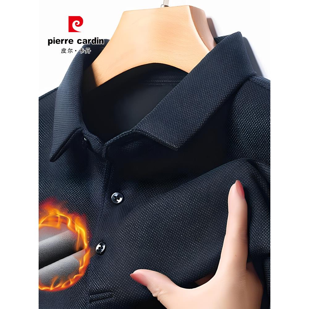 皮尔卡丹长袖卫衣男士秋冬季加绒厚商务翻领POLO衫中年德绒打底衫