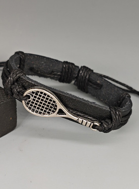 欧美可调运动风手环简约手工编织网球球拍皮革手链个性黑色男手