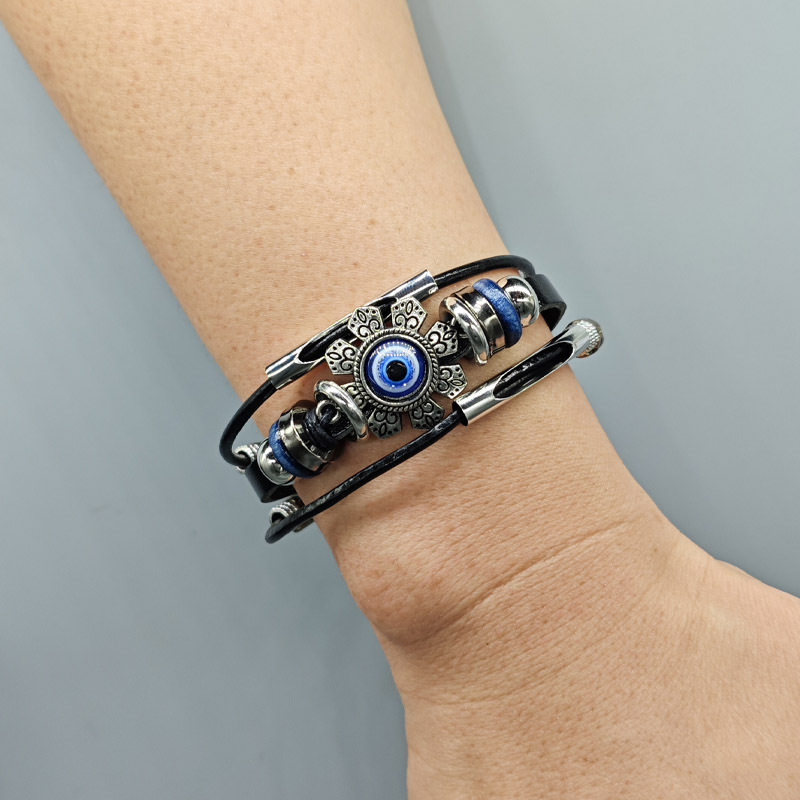 欧美民族土耳其蓝色眼睛八瓣花多层手链不锈钢对扣卡通皮革手链,饰品/流行首饰/时尚饰品新,手链,淘宝优惠券,粉丝福利购,淘宝优惠卷