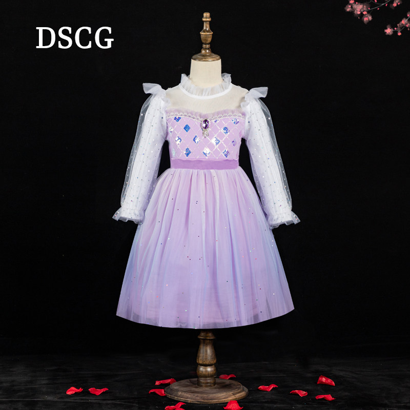 2025春装新款女童爱莎公主裙紫色冰雪奇缘正版迪斯尼儿童艾莎裙子