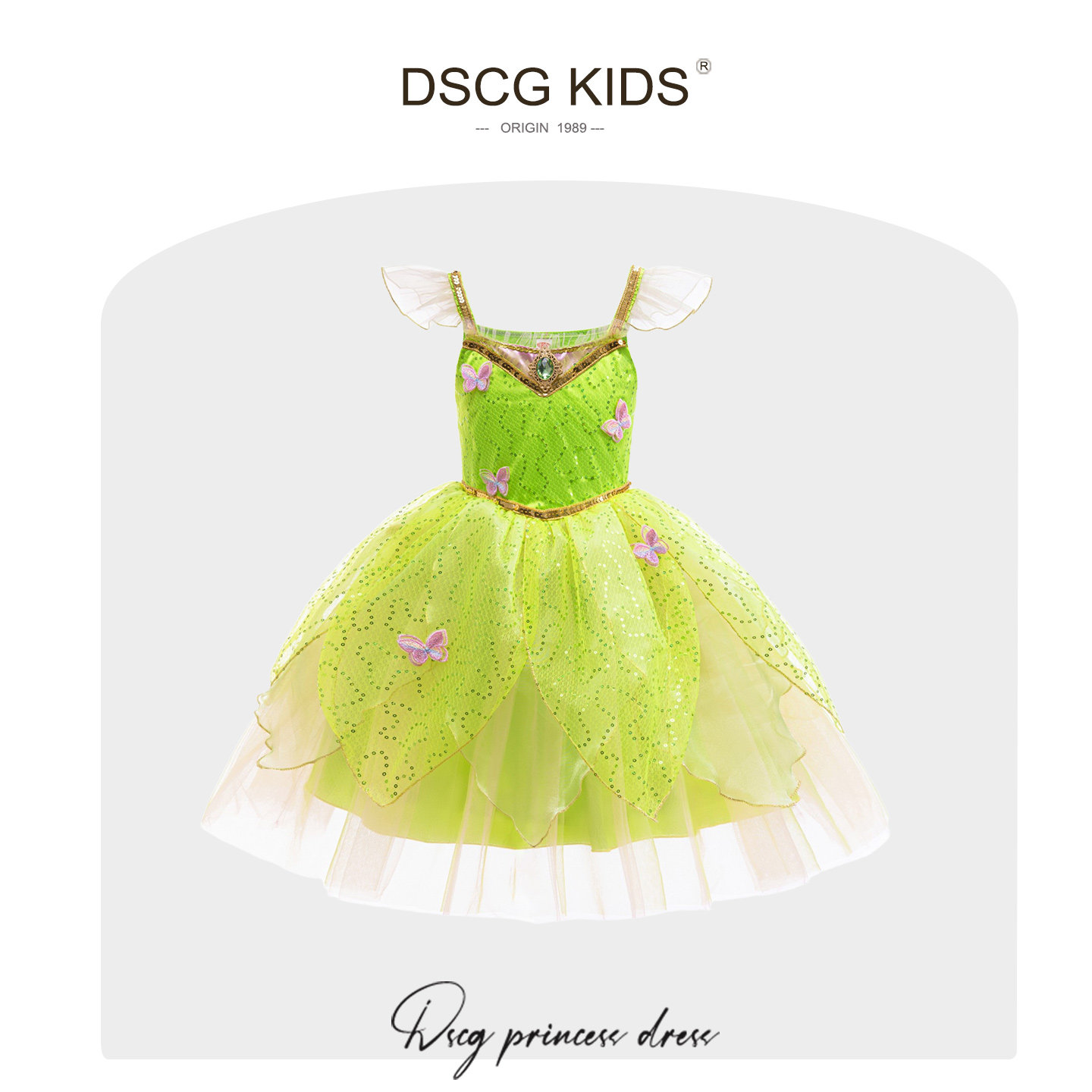 DSCG女童公主裙绿色精灵带翅膀迪士尼儿童青蛙蒂安娜COS演出服装