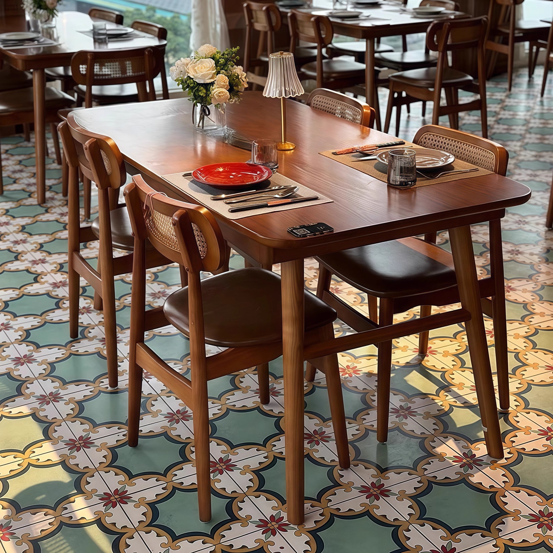 复古西餐咖啡厅桌椅组合小吃料理面馆餐厅餐饮店烧烤桌椅商用实木
