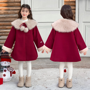 女童红色毛呢大衣冬款2025新款连帽毛领中长款加绒外套翻领拜年服
