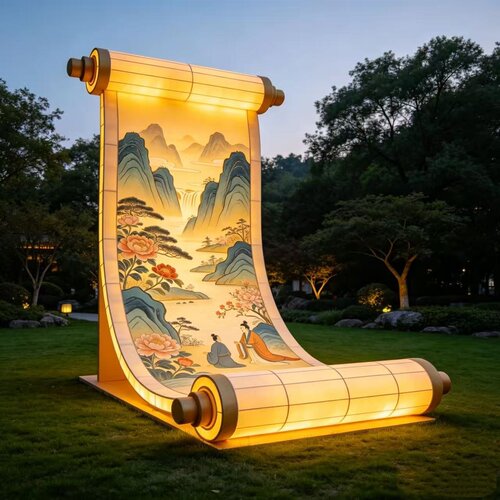 中式古风大型发光卷轴造型花灯