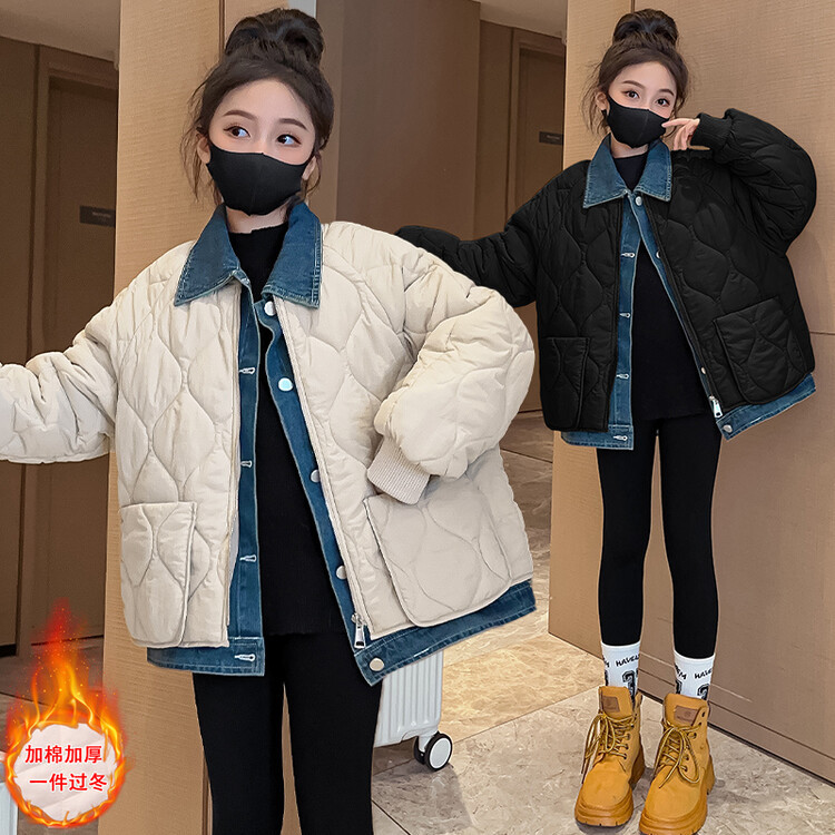 女童冬款加绒外套2024新款韩版中大童宽松时髦休闲翻领棉服上衣潮