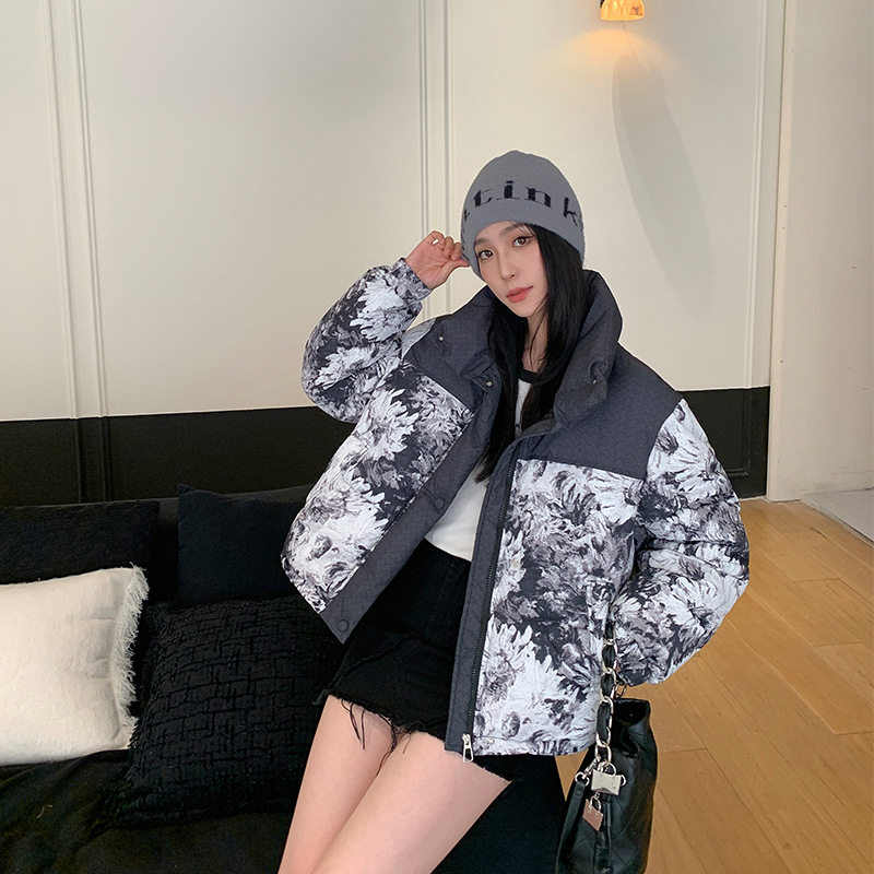 立领短款冬装羽绒棉服女2025年韩系新款小个子拼色碎花棉衣外套