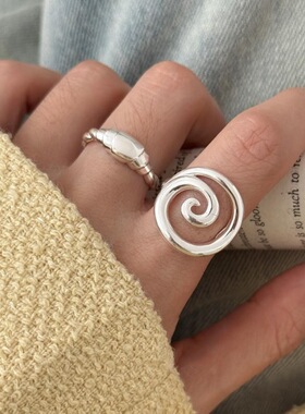 镂空线条蜗牛纹戒指女个性牛角包潮人ins风S925镀银开口食指环潮