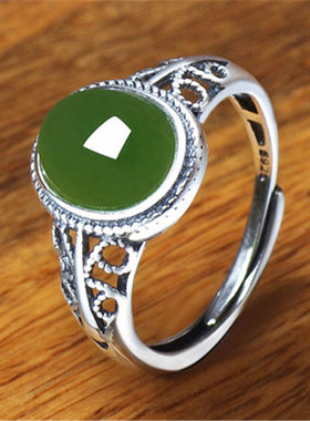 热卖和田玉碧玉戒指银镶嵌菠菜绿玉石指环复古玉髓戒指宫廷风文艺