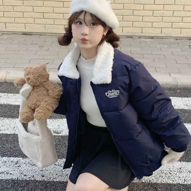 棉服女冬季新款慵懒风短款拼接撞色防羊羔毛翻领复古宽松保暖