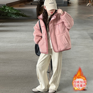 女童冬装毛毛衣2024新款时髦洋气韩版连帽夹棉加厚棉服外套中大童