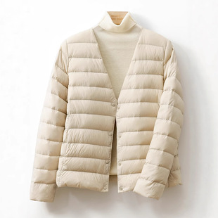 严选新国标90绒内胆轻薄羽绒服女款短款无领2025秋冬薄白鸭绒轻便